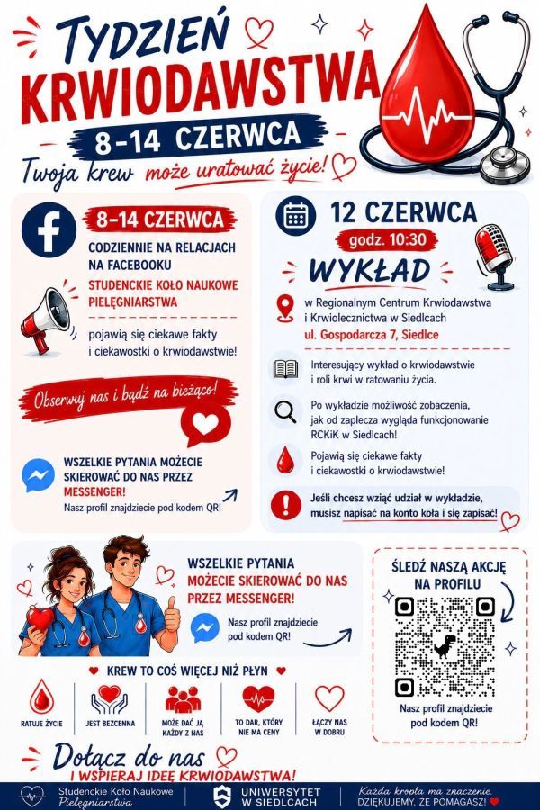 Studenckie Koło Naukowe Pielęgniarstwa we współpracy z RCKiK w Warszawie - Terenowy Oddział Siedlce organizuje Tydzień Krwiodawstwa, 8-12 czerwca 2026
